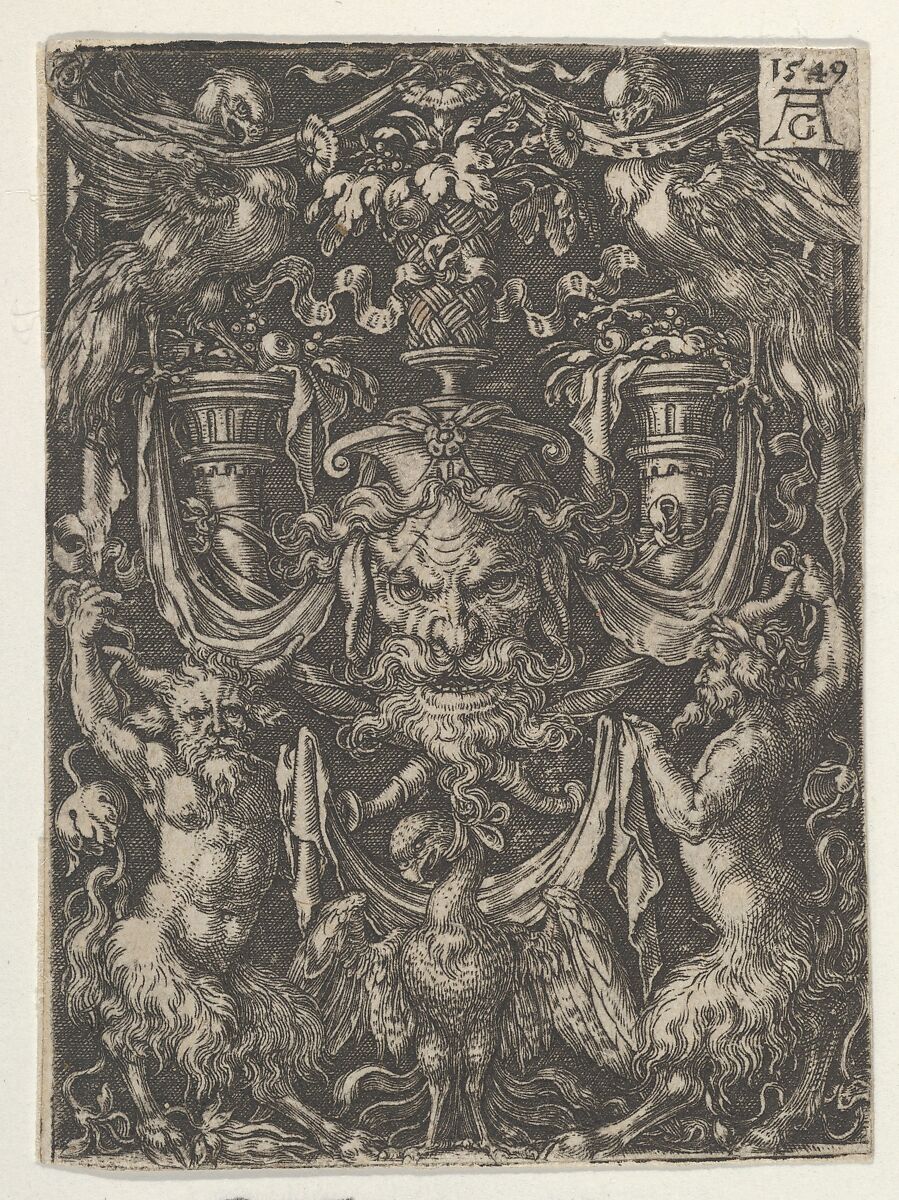 Ornamental Design with a Mask and an Eagle between Two Fauns below, Heinrich Aldegrever (German, Paderborn ca. 1502–1555/1561 Soest), Engraving 