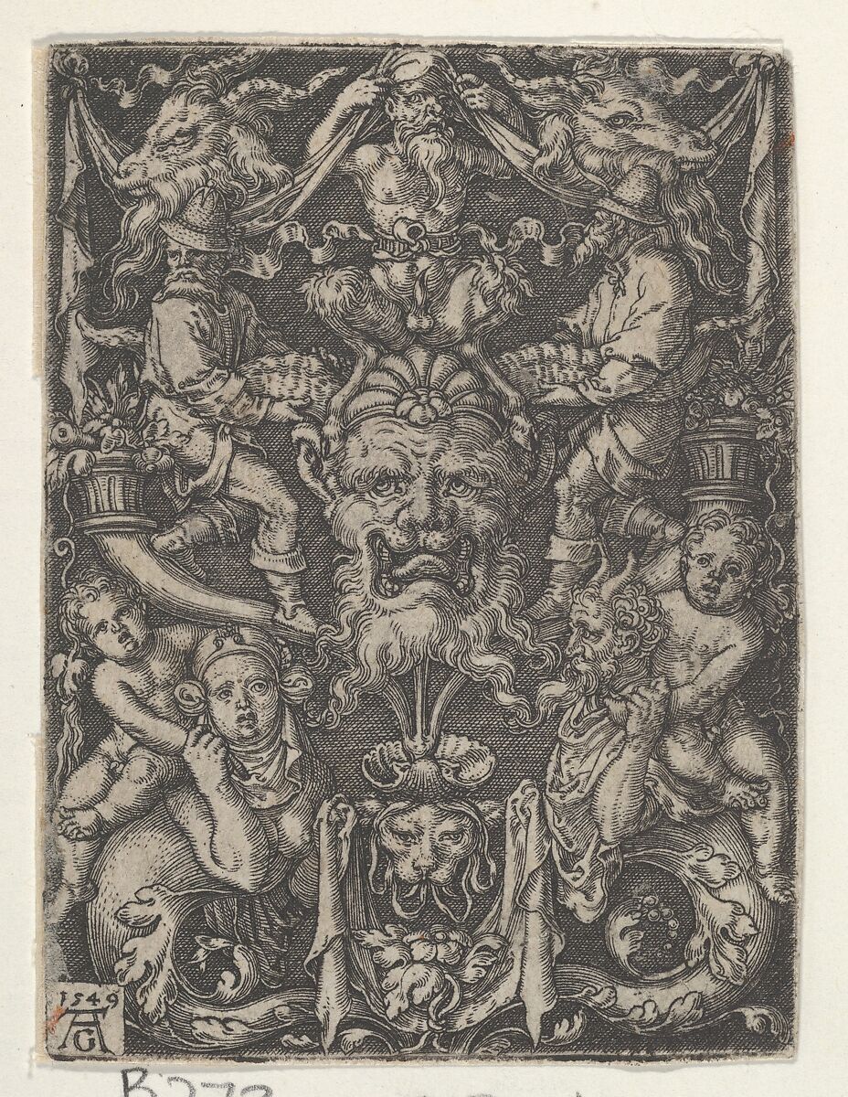 Panel with Grotesque Candelabrum Containing a Mask, a Couple of Tritons and Two Children, Heinrich Aldegrever (German, Paderborn ca. 1502–1555/1561 Soest), Engraving 