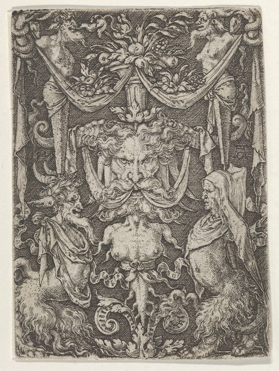 Panel with Grotesque Candelabrum Containing a Mask and Two Satyrs, Heinrich Aldegrever (German, Paderborn ca. 1502–1555/1561 Soest), Engraving 