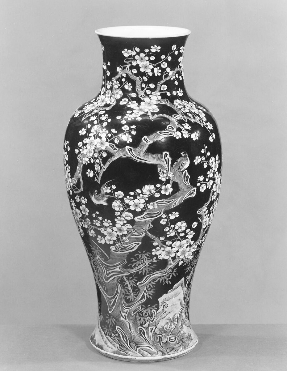 Vase with flowers, Porcelain painted in polychrome enamels on black ground (Jingdezhen famille noire ware), China 