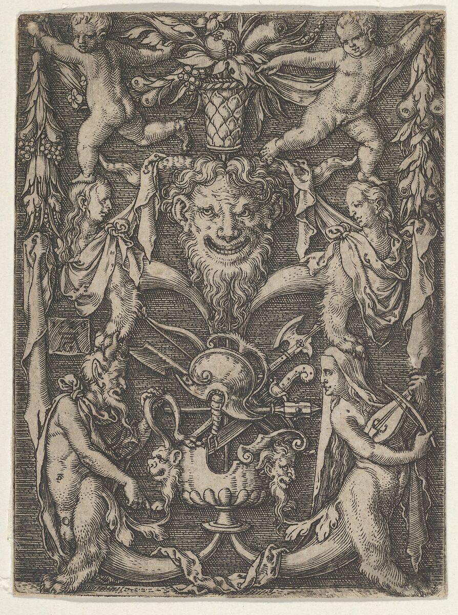 Panel with Grotesque Candelabrum Containing Satyrs, Children and a Trophy, Heinrich Aldegrever (German, Paderborn ca. 1502–1555/1561 Soest), Engraving 