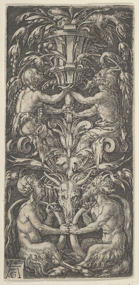 Panel with Candelabrum Containing Two Couples of Satyrs, Heinrich Aldegrever (German, Paderborn ca. 1502–1555/1561 Soest), Engraving 