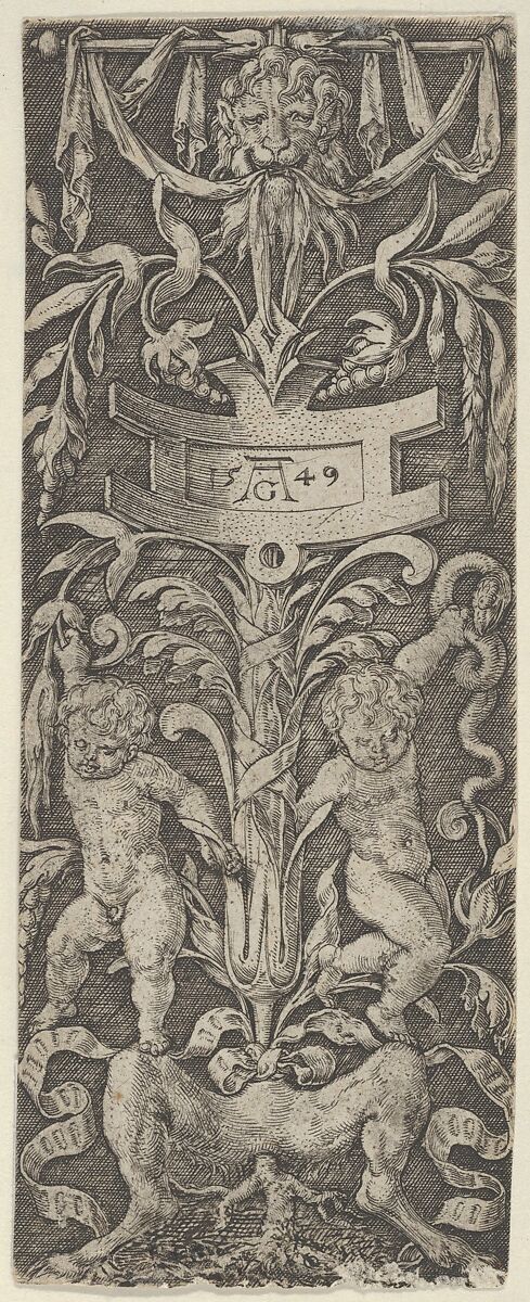 Panel of Ornament with Two Nude Boys Standing on the Legs of a Satyr, Heinrich Aldegrever (German, Paderborn ca. 1502–1555/1561 Soest), Engraving 