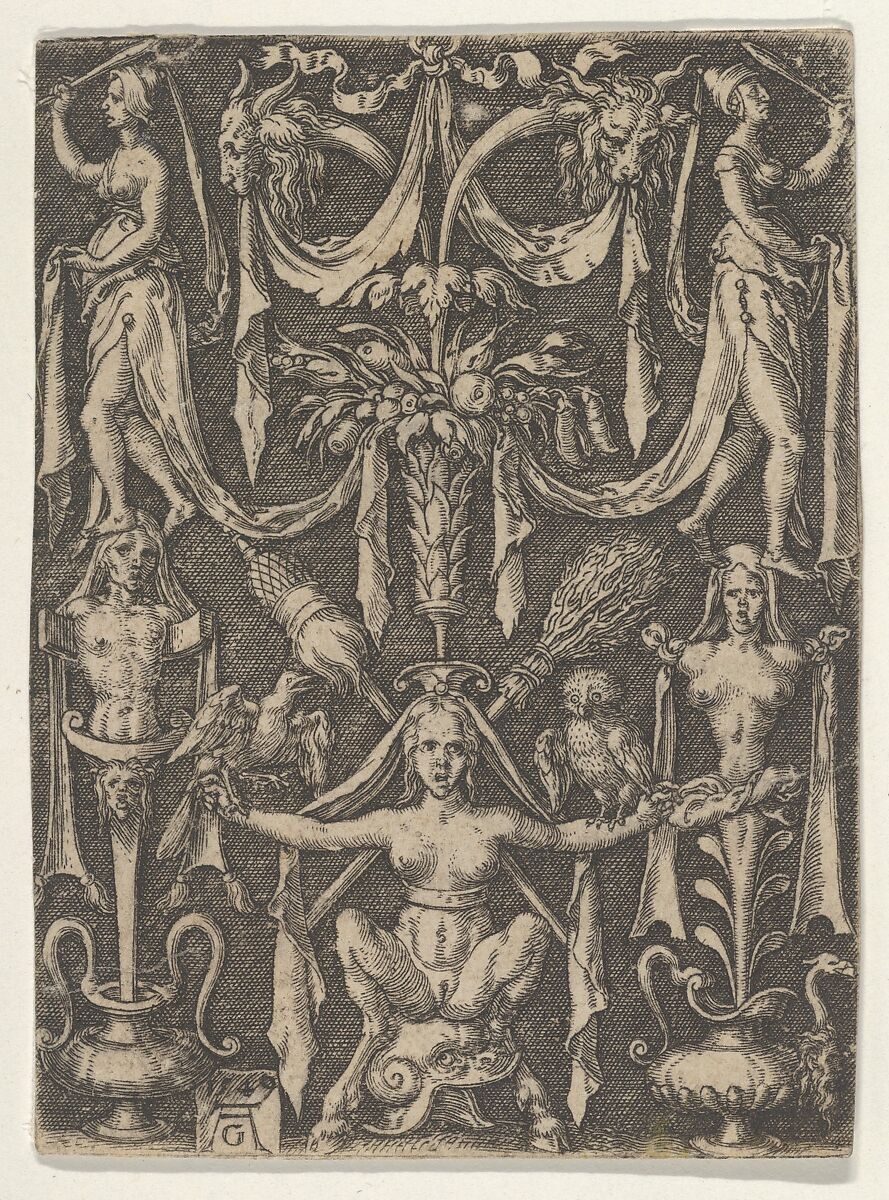 Panel with a Candelabrum Containing a Female Satyr Seated on a Helmet, Heinrich Aldegrever (German, Paderborn ca. 1502–1555/1561 Soest), Engraving 