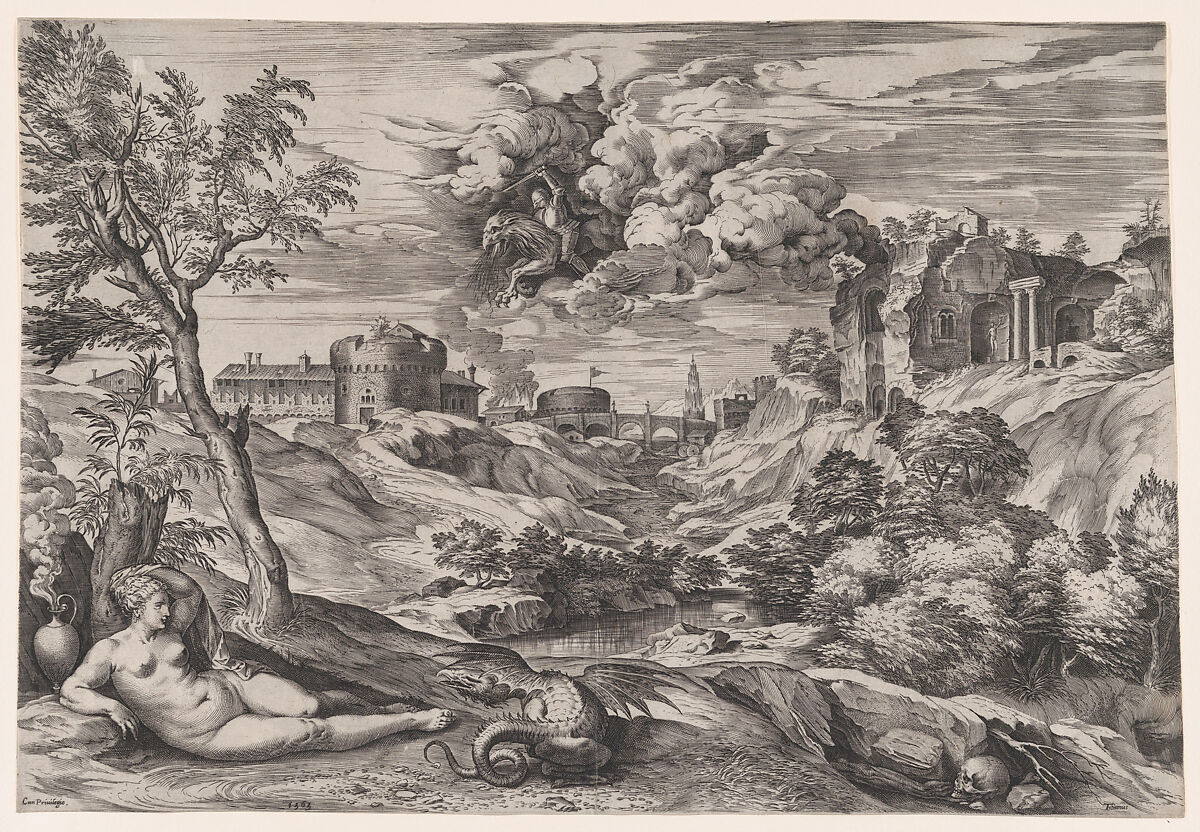 Ruggiero Rescuing Angelica, Cornelis Cort (Netherlandish, Hoorn ca. 1533–1578 Rome), Engraving 