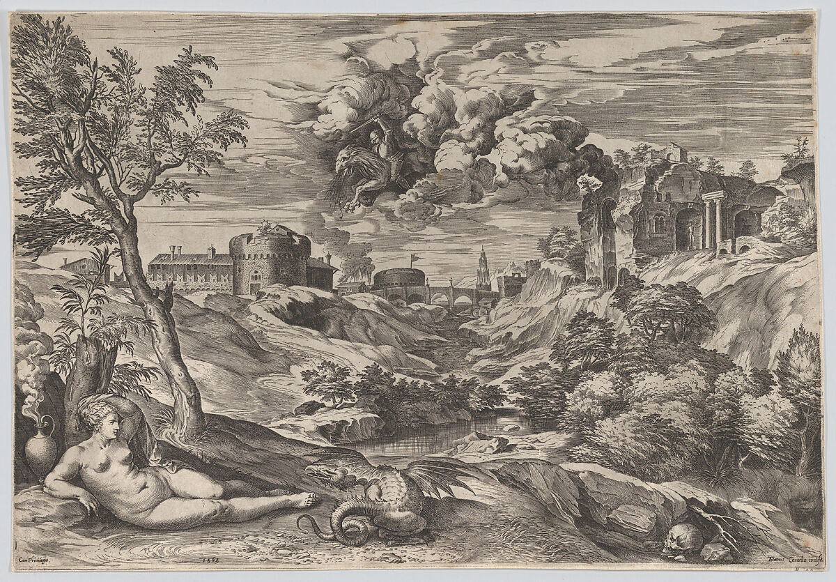 Ruggiero Rescuing Angelica, Cornelis Cort (Netherlandish, Hoorn ca. 1533–1578 Rome), Engraving 