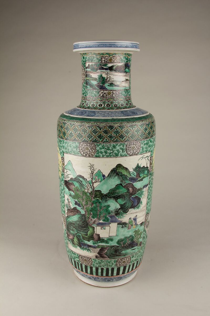 Vase with landscape scenes, Porcelain painted in underglaze cobalt blue and overglaze polychrome enamels (Jingdezhen ware), China 