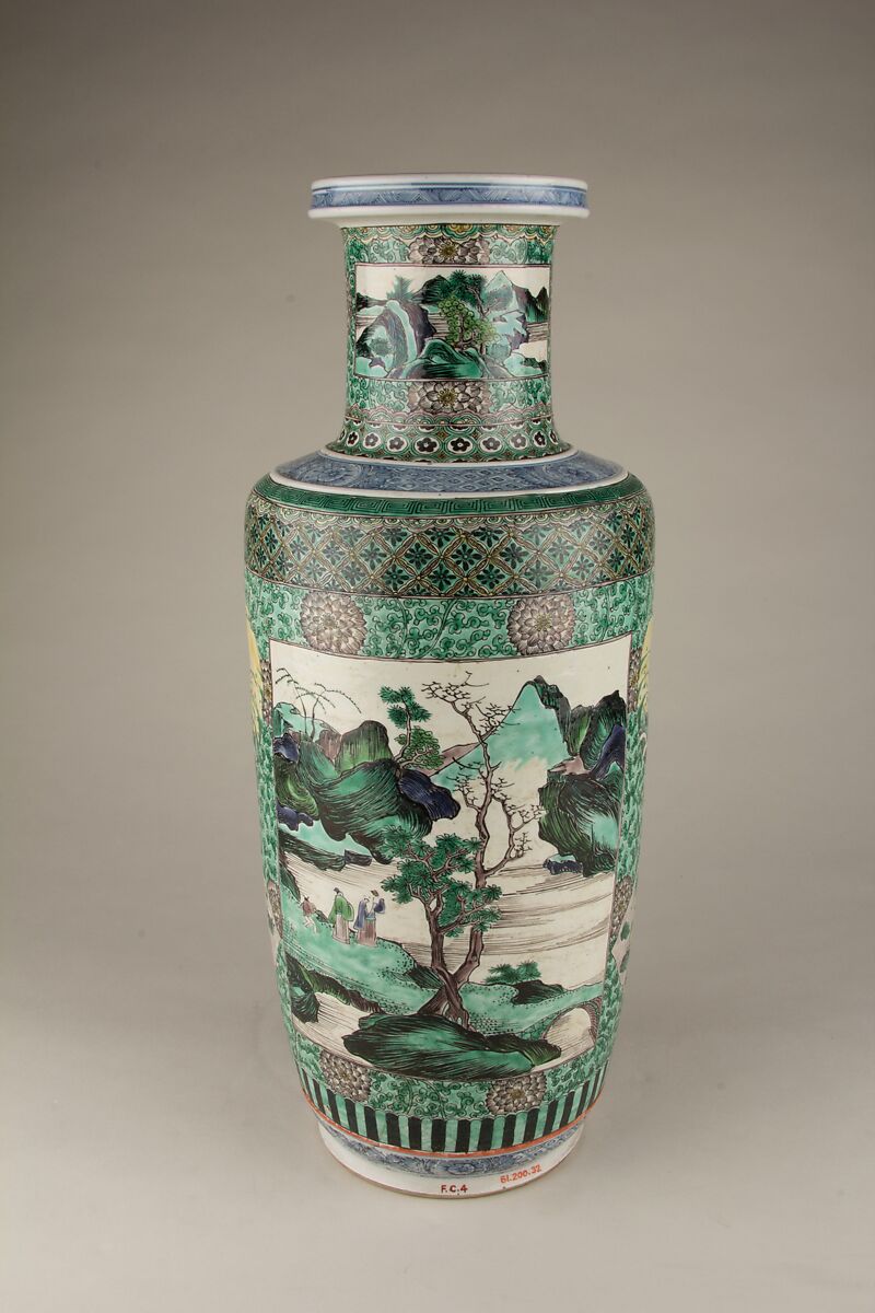 Vase with landscape scenes, Porcelain painted in underglaze cobalt blue and overglaze polychrome enamels (Jingdezhen ware), China