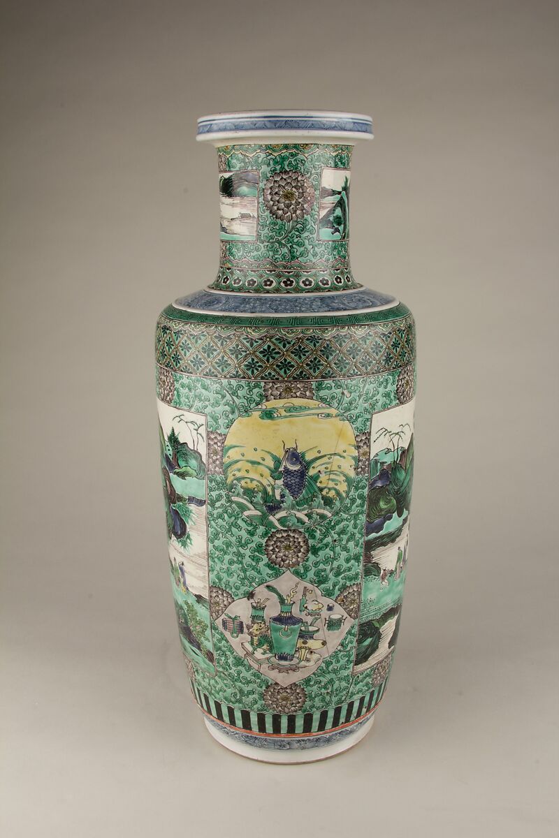 Vase with landscape scenes, Porcelain painted in underglaze cobalt blue and overglaze polychrome enamels (Jingdezhen ware), China