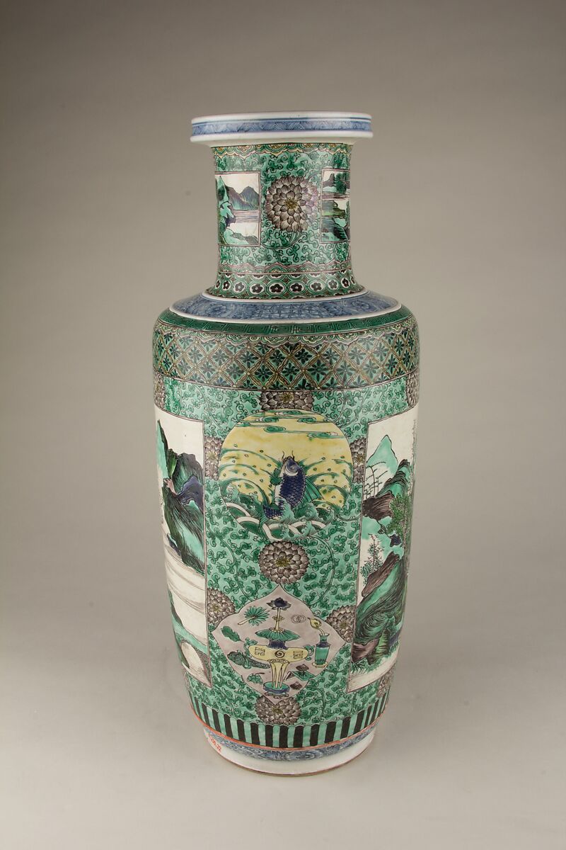 Vase with landscape scenes, Porcelain painted in underglaze cobalt blue and overglaze polychrome enamels (Jingdezhen ware), China