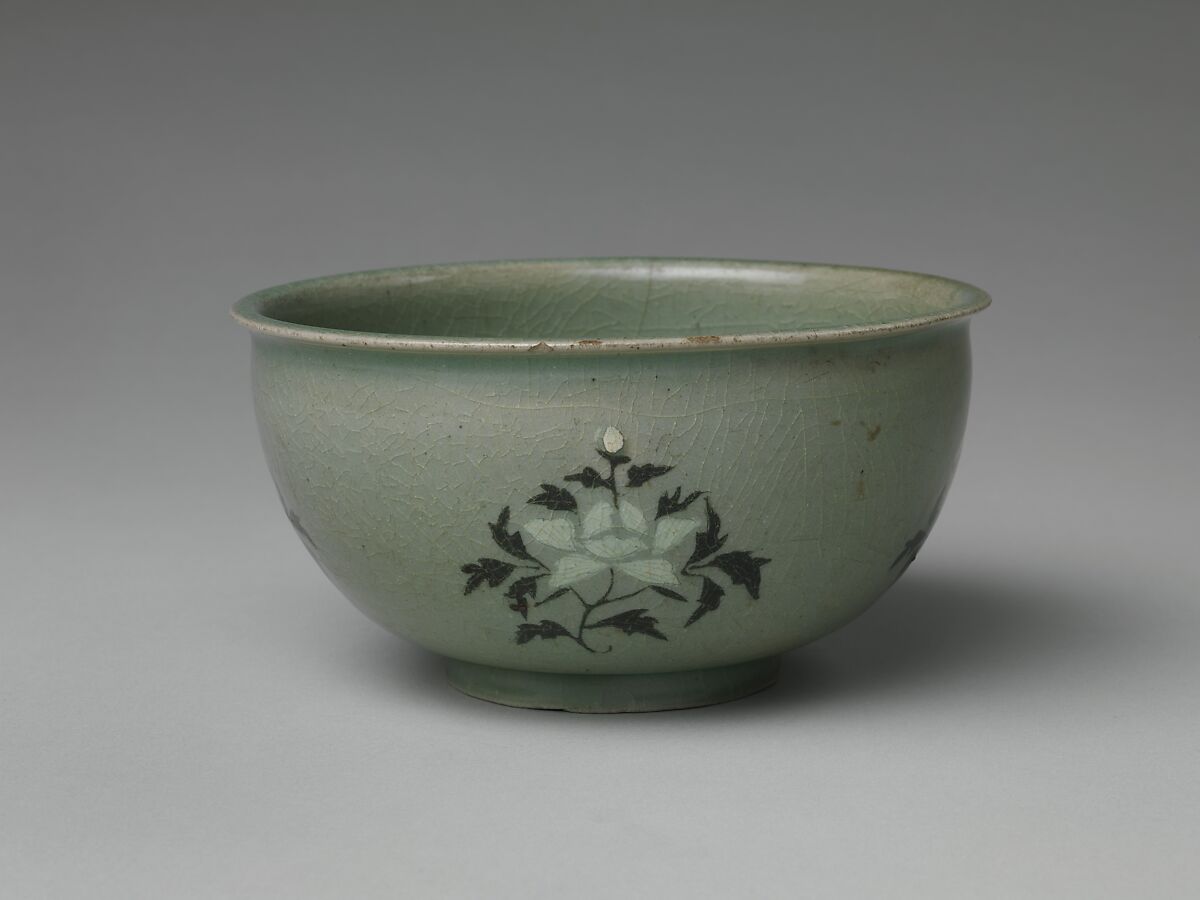 Basin decorated with peonies, Stoneware with inlaid design under celadon glaze, Korea 