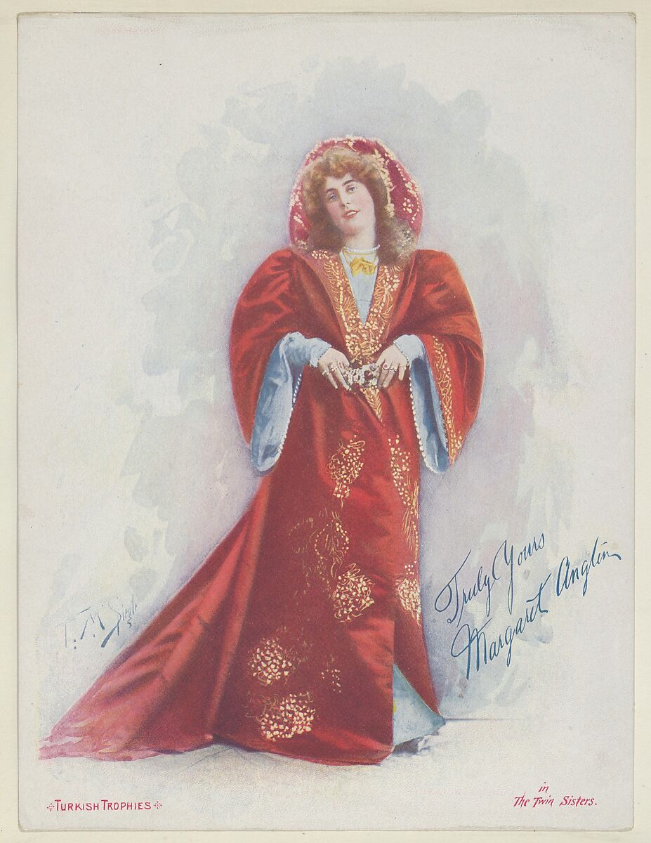 Margaret Anglin in The Twin Sisters, from the Actresses series (T1), distributed by the American Tobacco Co. to promote Turkish Trophies Cigarettes, Reproduction of painting by Frederick Moladore Spiegle (American, Brooklyn, New York 1865–1942 New York), Commercial color lithograph 