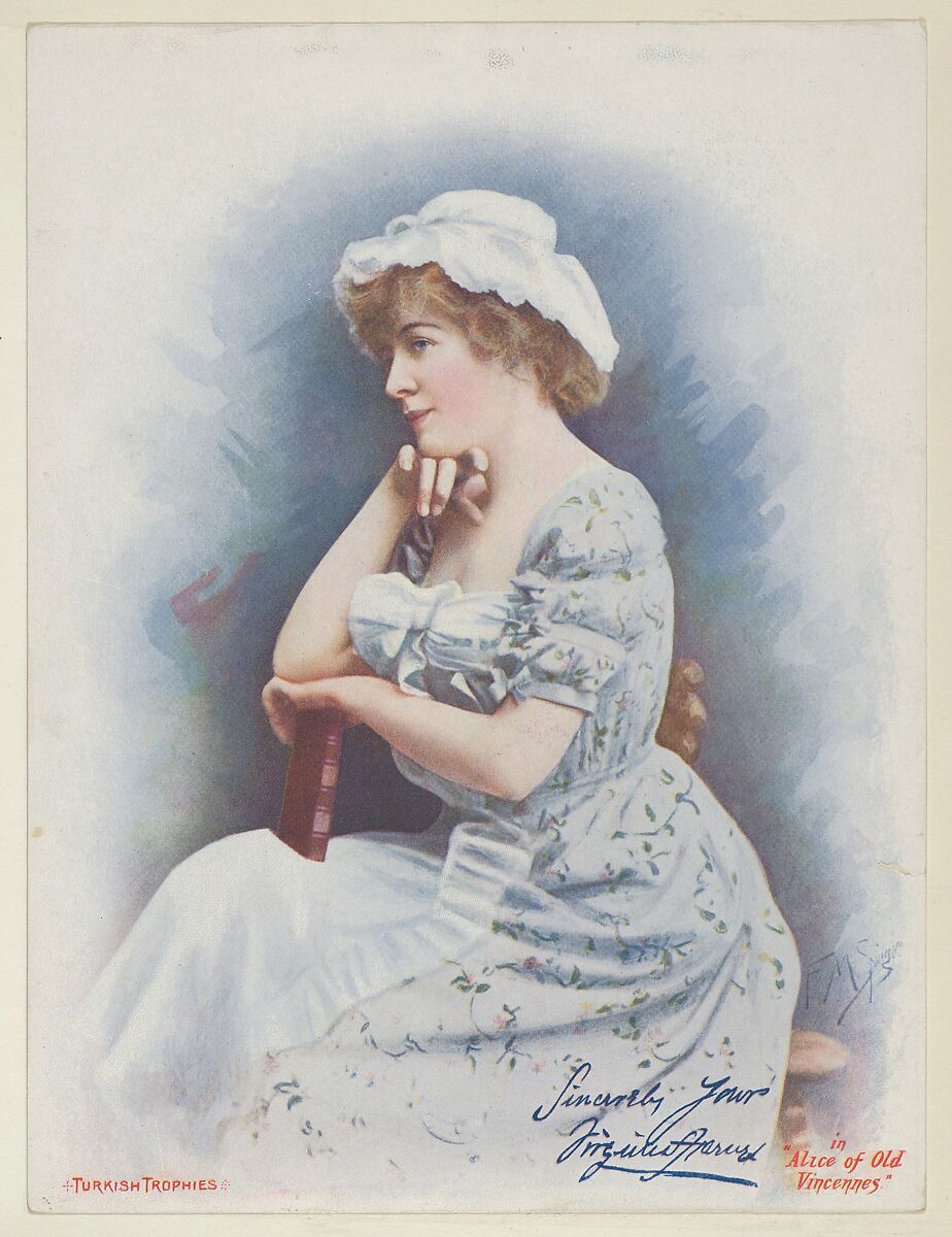 Alice of Old Vincennes, from the Actresses series (T1), distributed by the American Tobacco Co. to promote Turkish Trophies Cigarettes, Reproduction of painting by Frederick Moladore Spiegle (American, Brooklyn, New York 1865–1942 New York), Commercial color lithograph 