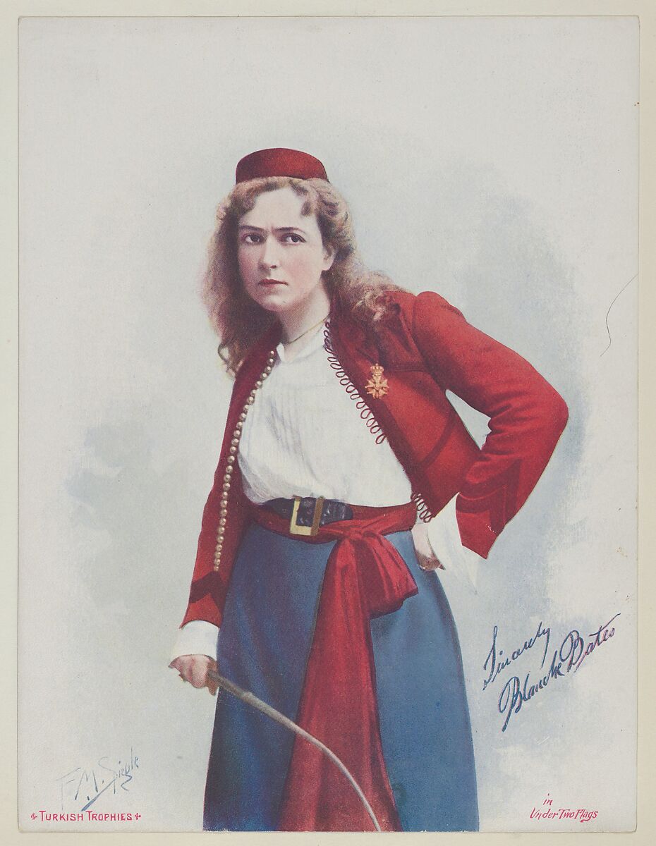 Blanche Bates in Under Two Flags, from the Actresses series (T1), distributed by the American Tobacco Co. to promote Turkish Trophies Cigarettes, Reproduction of painting by Frederick Moladore Spiegle (American, Brooklyn, New York 1865–1942 New York), Commercial color lithograph 