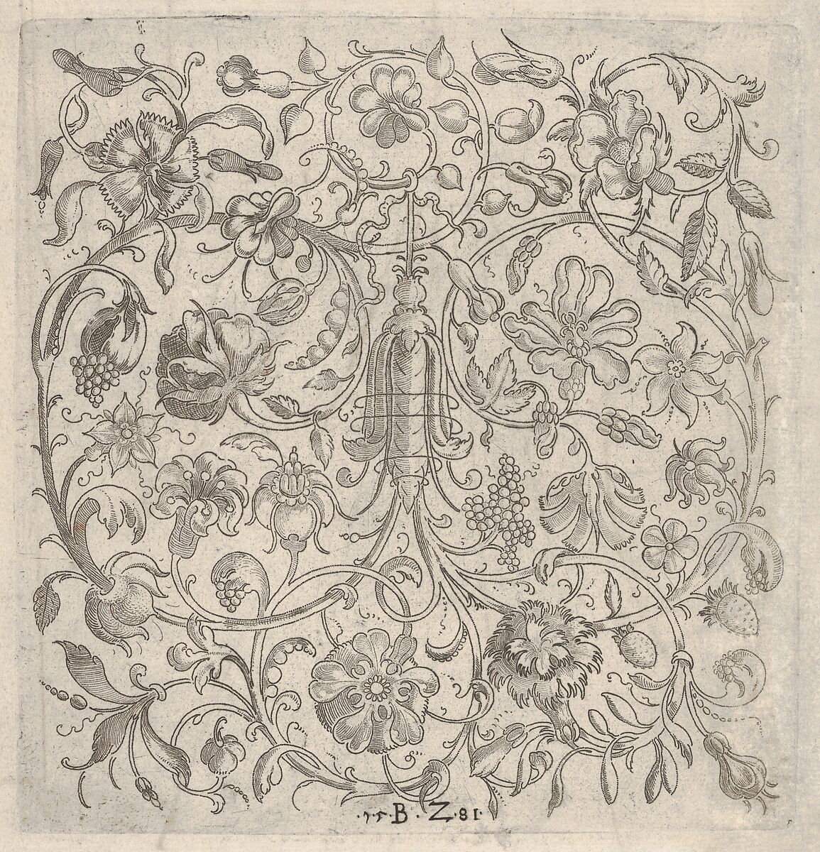 Square Panel with Vegetal Scrollwork, Flowers and Fruits, Bernhard Zan (German, active 1580–81), stipple engraving 