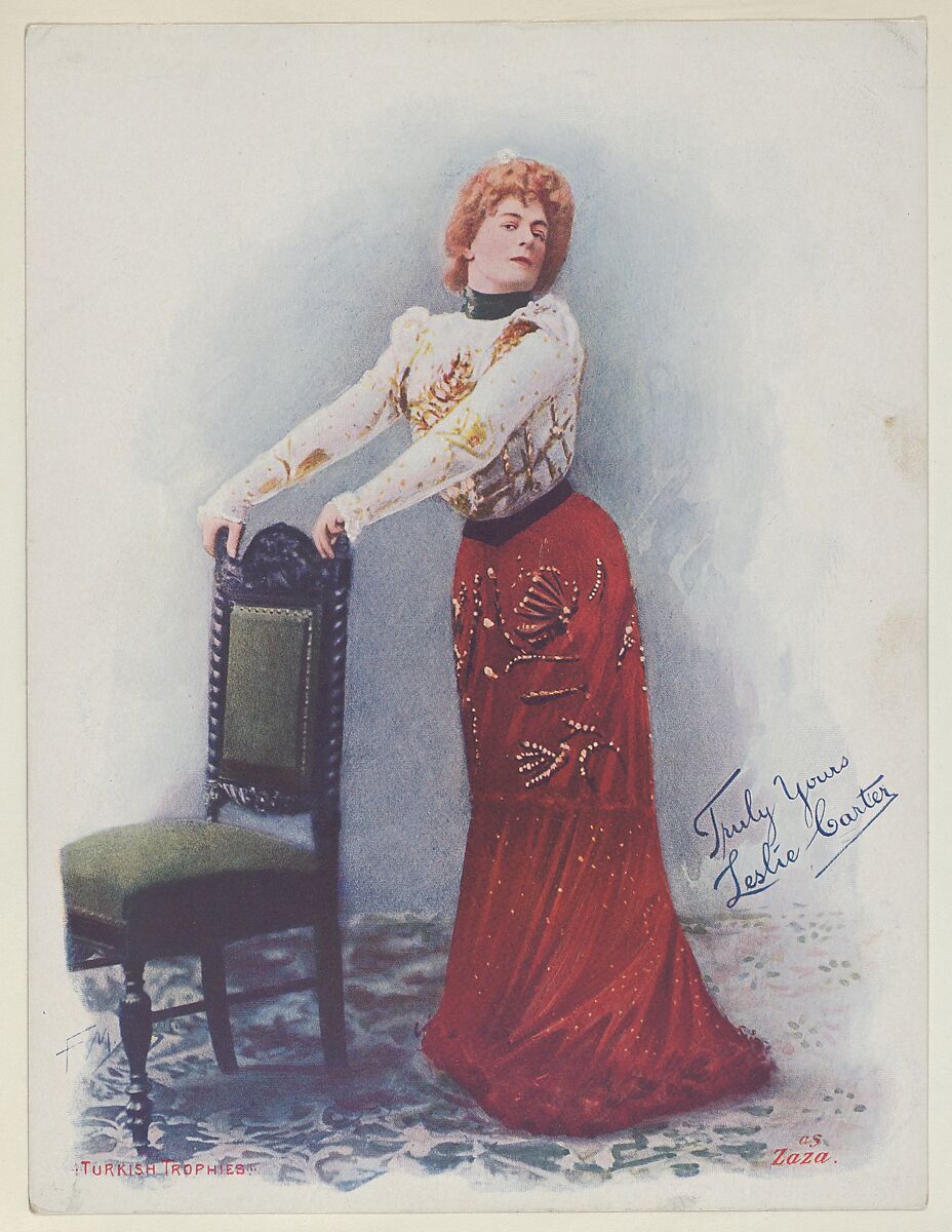 Leslie Carter as Zaza, from the Actresses series (T1), distributed by the American Tobacco Co. to promote Turkish Trophies Cigarettes, Reproduction of painting by Frederick Moladore Spiegle (American, Brooklyn, New York 1865–1942 New York), Commercial color lithograph 
