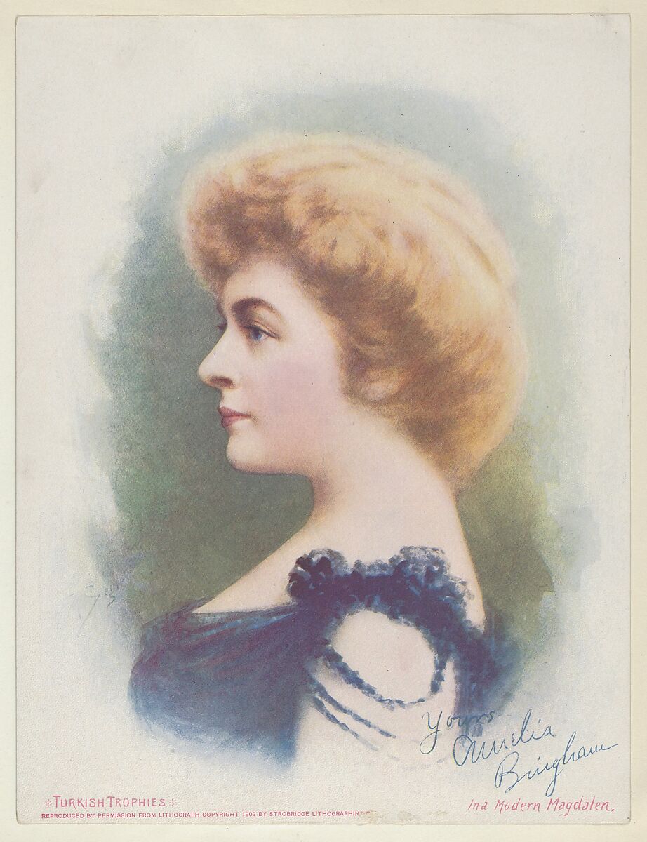 Amelia Brigham in A Modern Magdalen, from the Actresses series (T1), distributed by the American Tobacco Co. to promote Turkish Trophies Cigarettes, Reproduction of painting by Frederick Moladore Spiegle (American, Brooklyn, New York 1865–1942 New York), Commercial color lithograph 