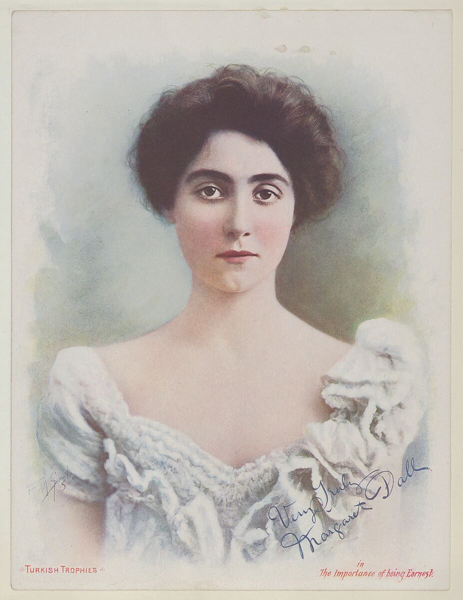 Margaret Dall in The Importance of Being Earnest, from the Actresses series (T1), distributed by the American Tobacco Co. to promote Turkish Trophies Cigarettes, Reproduction of painting by Frederick Moladore Spiegle (American, Brooklyn, New York 1865–1942 New York), Commercial color lithograph 
