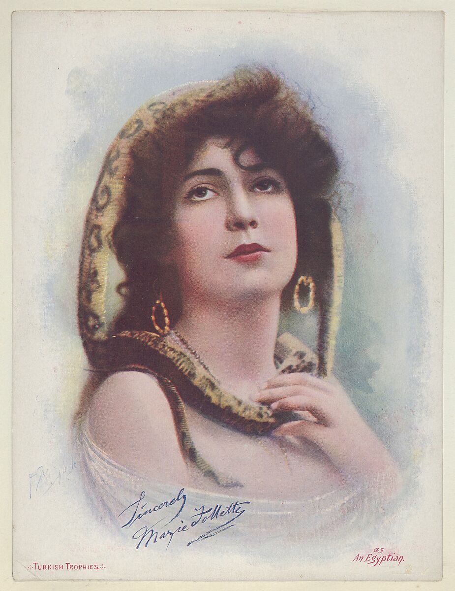 Marie Follette as an Egyptian, from the Actresses series (T1), distributed by the American Tobacco Co. to promote Turkish Trophies Cigarettes, Reproduction of painting by Frederick Moladore Spiegle (American, Brooklyn, New York 1865–1942 New York), Commercial color lithograph 