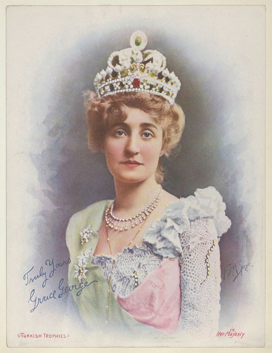 Grace George in Her Majesty, from the Actresses series (T1), distributed by the American Tobacco Co. to promote Turkish Trophies Cigarettes, Reproduction of painting by Frederick Moladore Spiegle (American, Brooklyn, New York 1865–1942 New York), Commercial color lithograph 