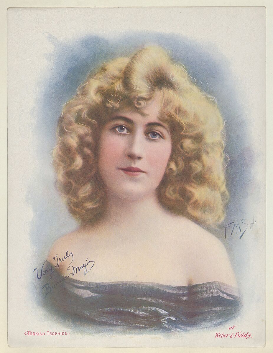 Bonnie Magin at Weber & Fields, from the Actresses series (T1), distributed by the American Tobacco Co. to promote Turkish Trophies Cigarettes, Reproduction of painting by Frederick Moladore Spiegle (American, Brooklyn, New York 1865–1942 New York), Commercial color lithograph 