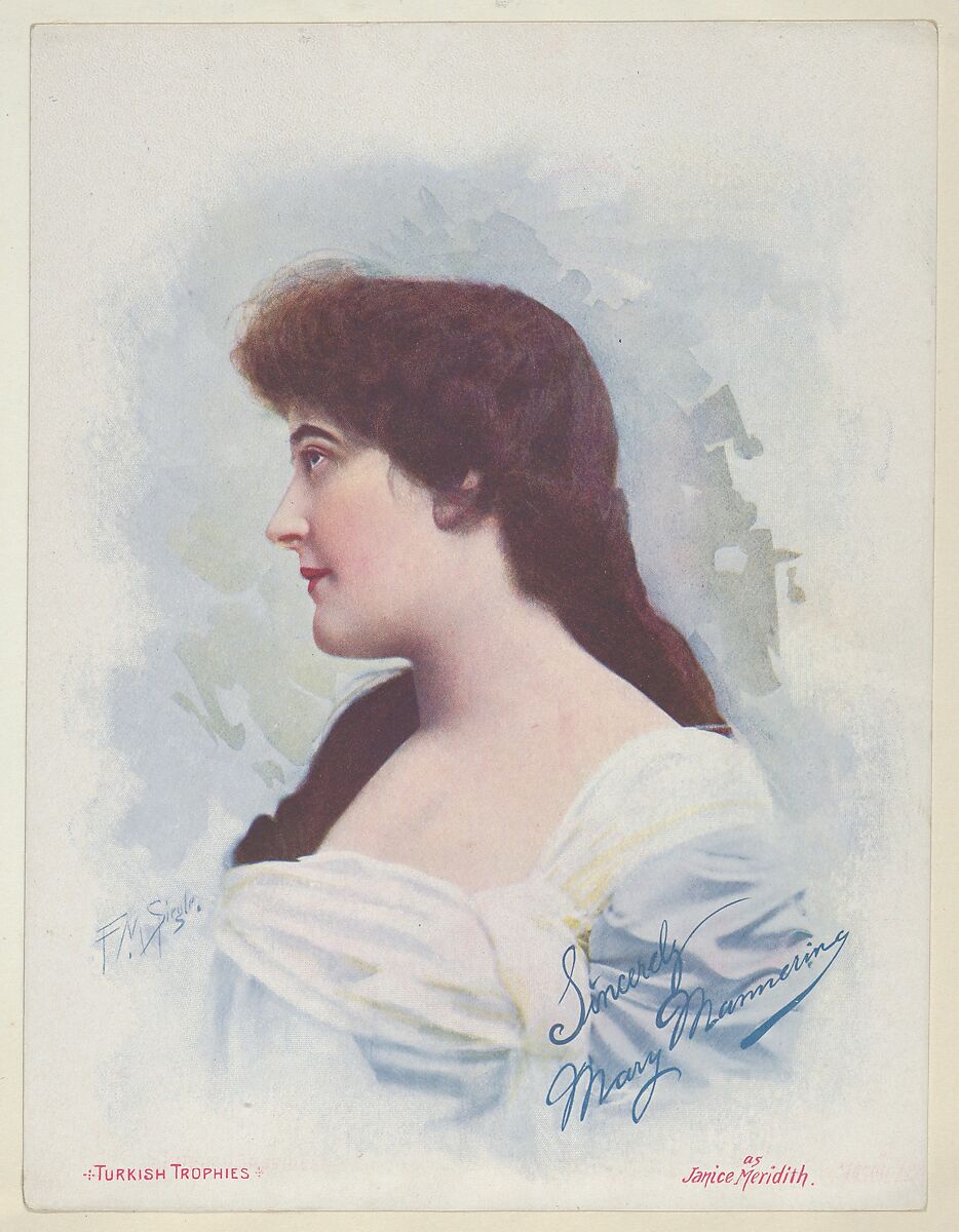 Mary Mamering as Janice Meridith, from the Actresses series (T1), distributed by the American Tobacco Co. to promote Turkish Trophies Cigarettes, Reproduction of painting by Frederick Moladore Spiegle (American, Brooklyn, New York 1865–1942 New York), Commercial color lithograph 