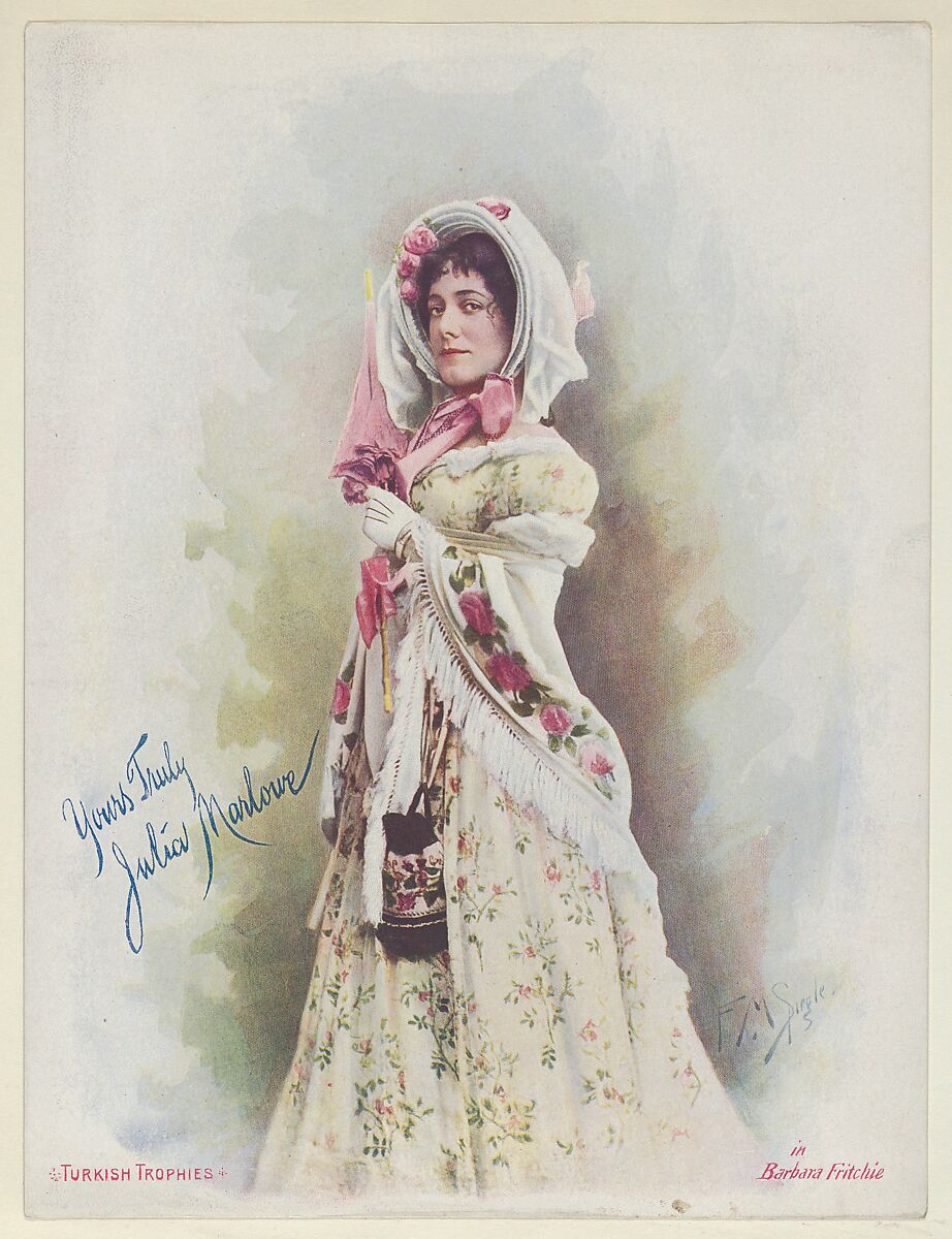Julia Marlowe in Barbara Fritchie, from the Actresses series (T1), distributed by the American Tobacco Co. to promote Turkish Trophies Cigarettes, Reproduction of painting by Frederick Moladore Spiegle (American, Brooklyn, New York 1865–1942 New York), Commercial color lithograph 