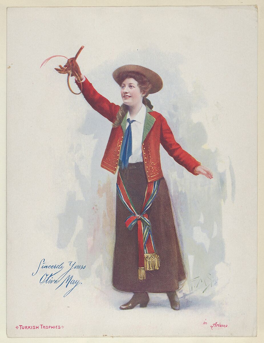 Olive May in Arizona, from the Actresses series (T1), distributed by the American Tobacco Co. to promote Turkish Trophies Cigarettes, Reproduction of painting by Frederick Moladore Spiegle (American, Brooklyn, New York 1865–1942 New York), Commercial color lithograph 