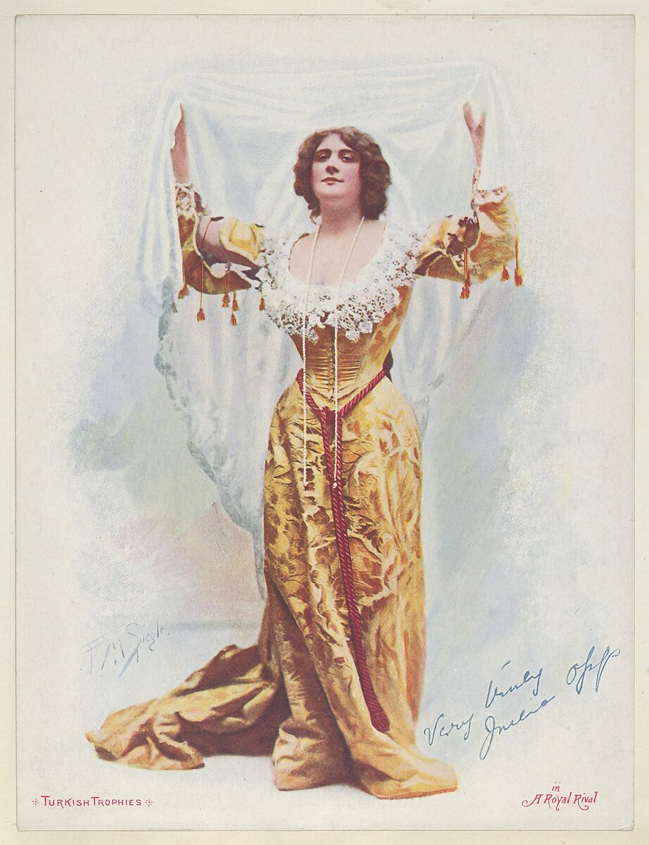 Julia Opp in A Royal Rival, from the Actresses series (T1), distributed by the American Tobacco Co. to promote Turkish Trophies Cigarettes, Reproduction of painting by Frederick Moladore Spiegle (American, Brooklyn, New York 1865–1942 New York), Commercial color lithograph 