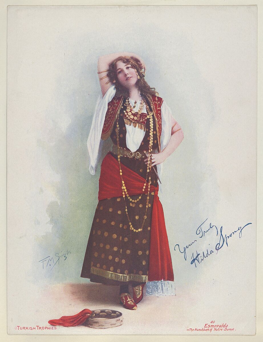 Hilda Spong as Esmerelda in The Hunchback of Notre Dame, from the Actresses series (T1), distributed by the American Tobacco Co. to promote Turkish Trophies Cigarettes, Reproduction of painting by Frederick Moladore Spiegle (American, Brooklyn, New York 1865–1942 New York), Commercial color lithograph 
