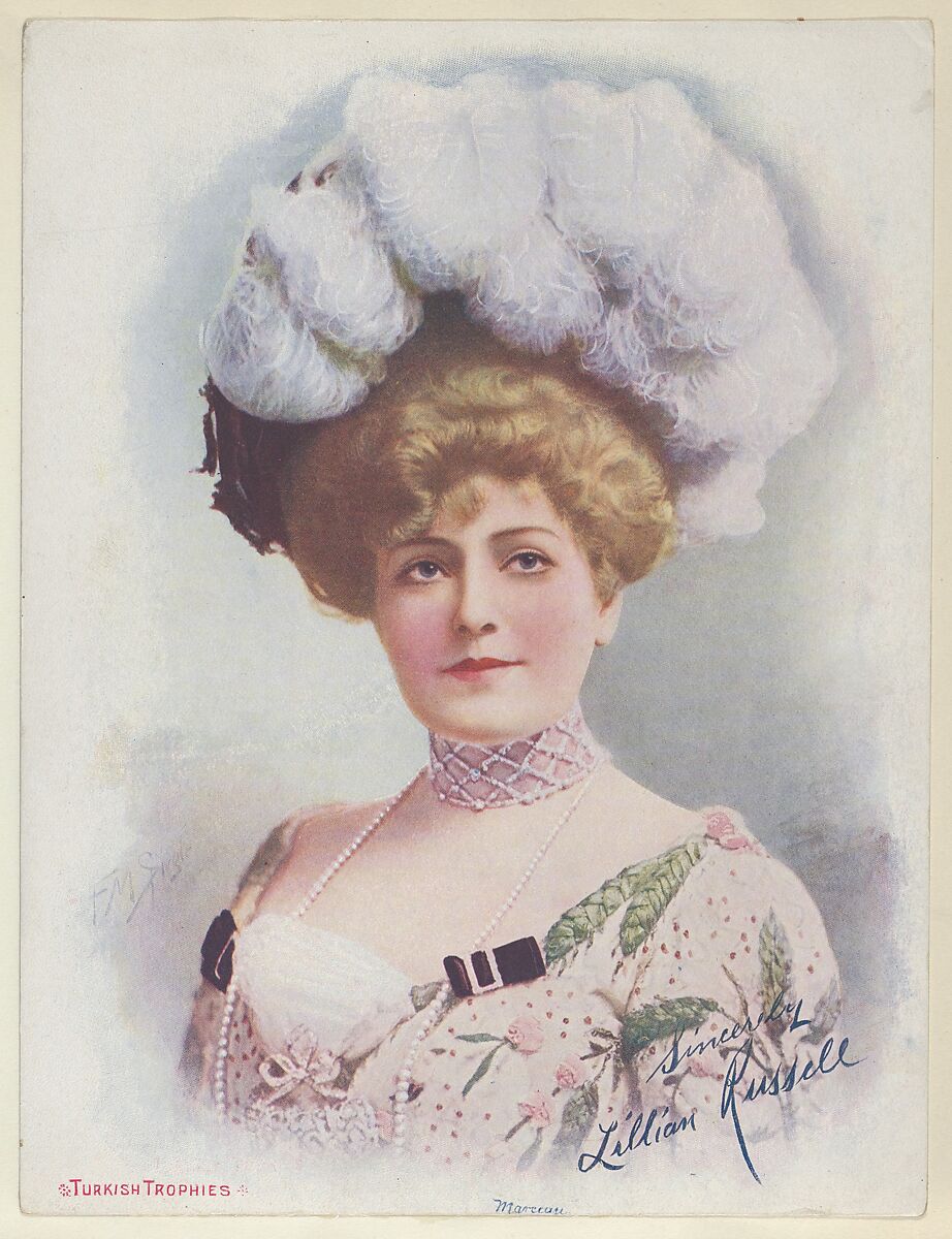 Lillian Russell, from the Actresses series (T1), distributed by the American Tobacco Co. to promote Turkish Trophies Cigarettes, Reproduction of painting by Frederick Moladore Spiegle (American, Brooklyn, New York 1865–1942 New York), Commercial color lithograph 