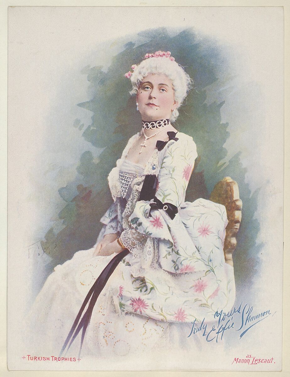 Effie Shannon as Manon Lescaut, from the Actresses series (T1), distributed by the American Tobacco Co. to promote Turkish Trophies Cigarettes, Reproduction of painting by Frederick Moladore Spiegle (American, Brooklyn, New York 1865–1942 New York), Commercial color lithograph 