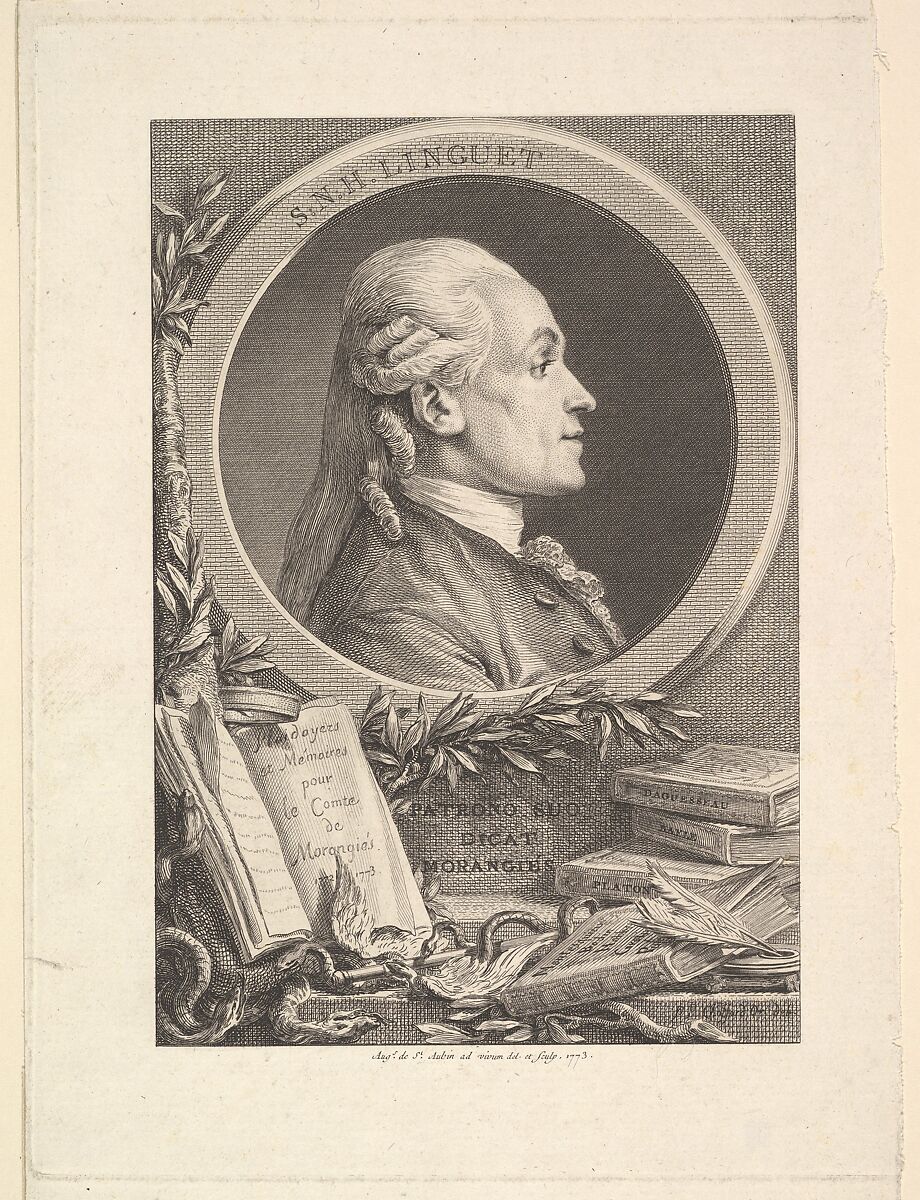 Portrait of Simon-Nicolas-Henri Linguet, Augustin de Saint-Aubin (French, Paris 1736–1807 Paris), Etching and engraving; fourth state of five (Bocher) 