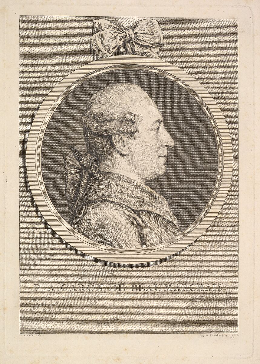 Portrait of P.A. Caron de Beaumarchais, Augustin de Saint-Aubin (French, Paris 1736–1807 Paris), Etching and engraving; second state of two (Bocher) 
