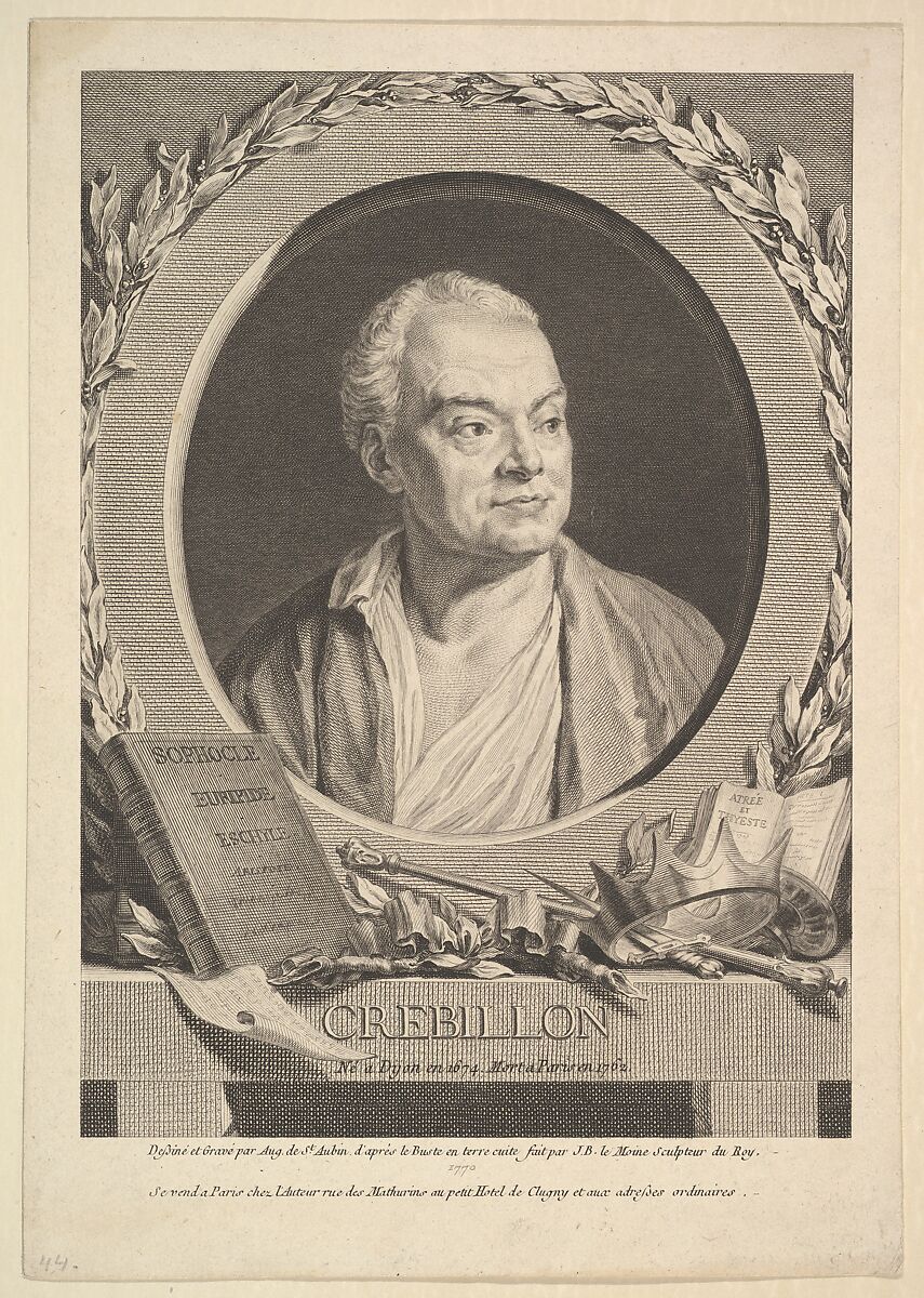 Portrait of Crébillon, Augustin de Saint-Aubin (French, Paris 1736–1807 Paris), Etching and engraving; third state of three (Bocher) 