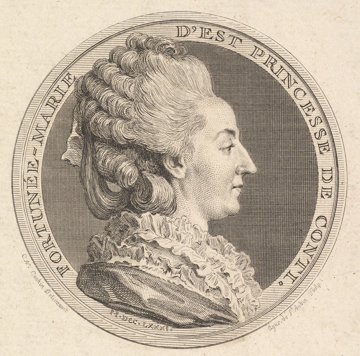 Print of a Portrait Medal of Fortunée-Marie d'Est, Princesse de Conti, Augustin de Saint-Aubin (French, Paris 1736–1807 Paris), Etching and engraving; first state of two (Bocher) 
