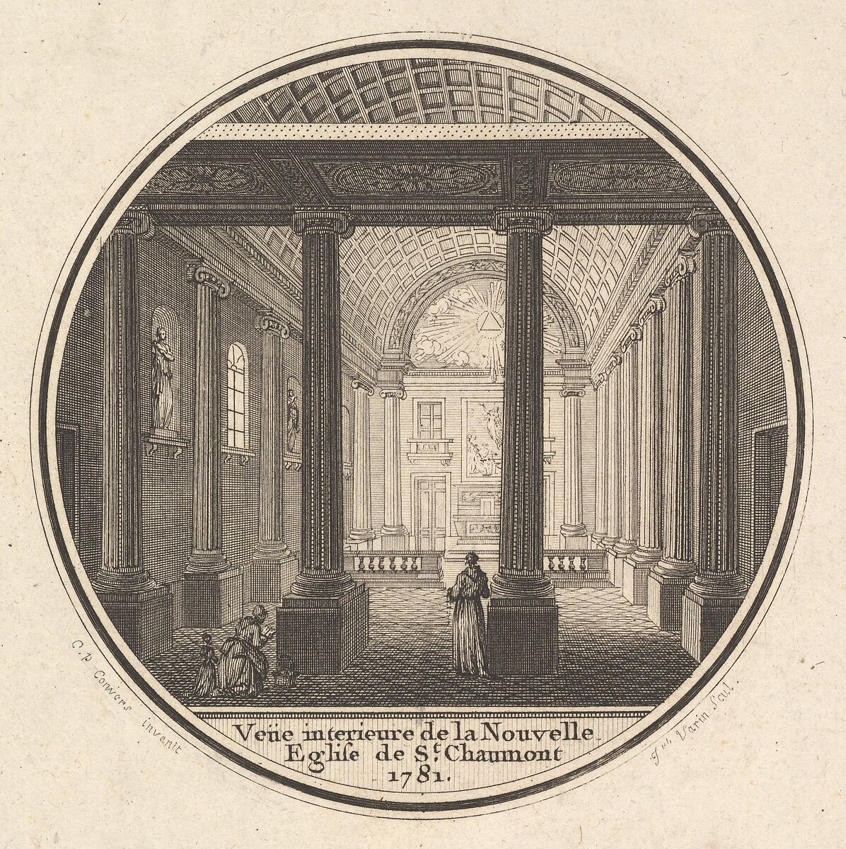 Print of the Reverse of the Portrait Medal of Fortunée-Marie d'Est, Princesse de Conti with an Interier View of the Church of Saint-Chaumont in Paris, Joseph Varin (French, Châlons-sur-Marne 1740–1800 Paris), Etching and engraving; first state of two (Bocher) 
