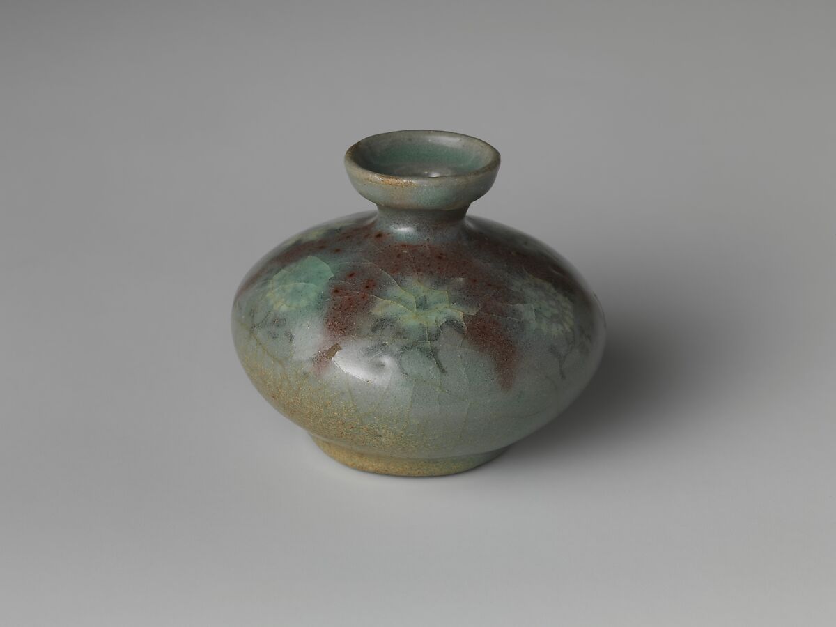 Oil bottle decorated with peonies and chrysanthemums, Stoneware with copper-red and inlaid design under celadon glaze, Korea