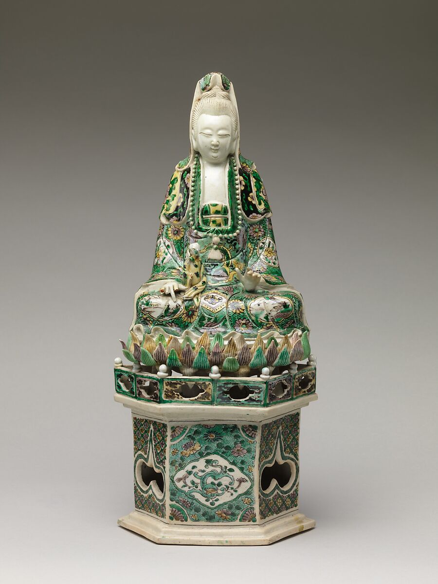 Figure of Guanyin, Porcelain painted in famille verte enamels on the biscuit, China 