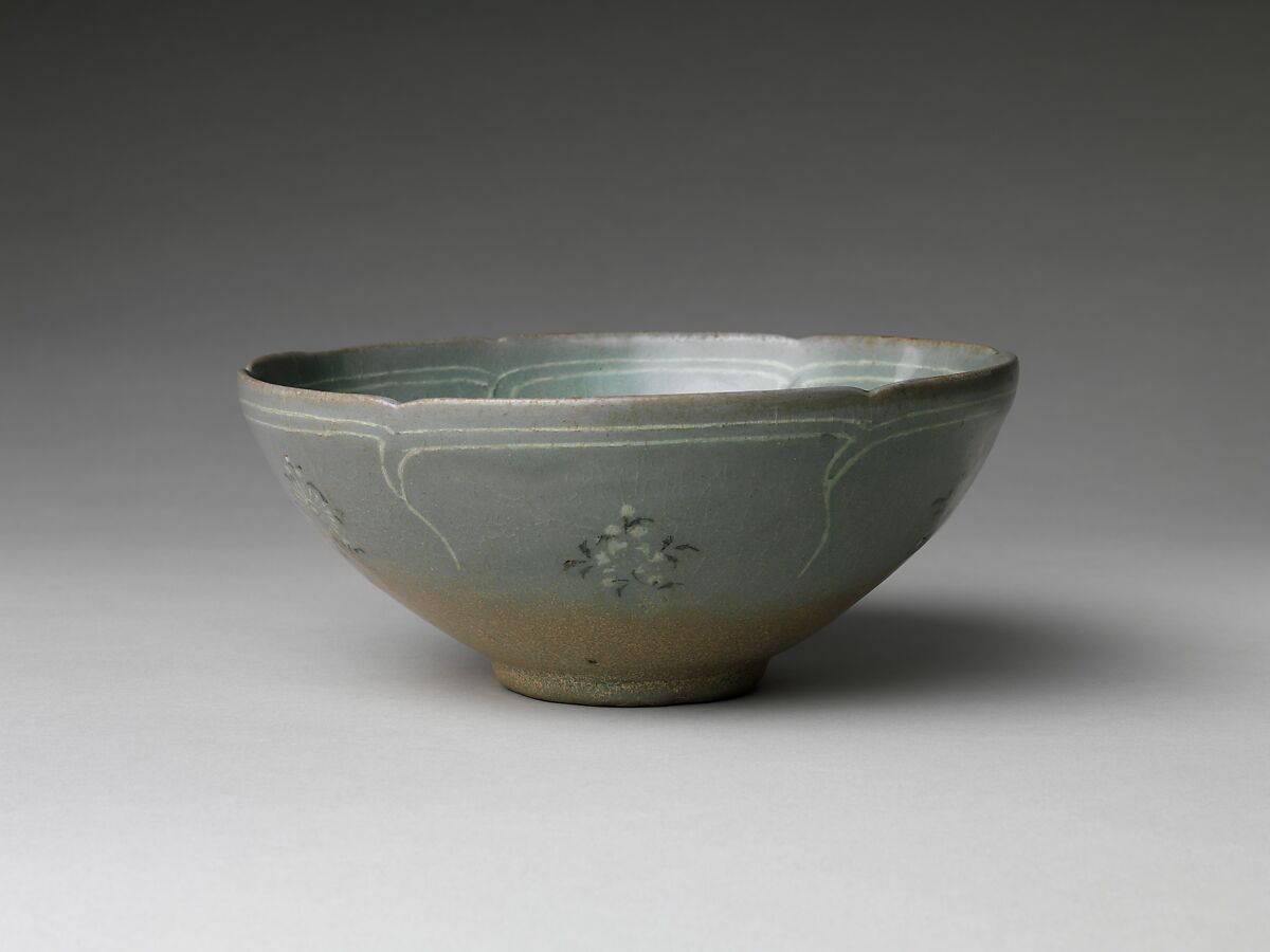 Bowl with Foliate Rim, Stoneware with inlaid design of chrysanthemums and butterflies under celadon glaze, Korea 