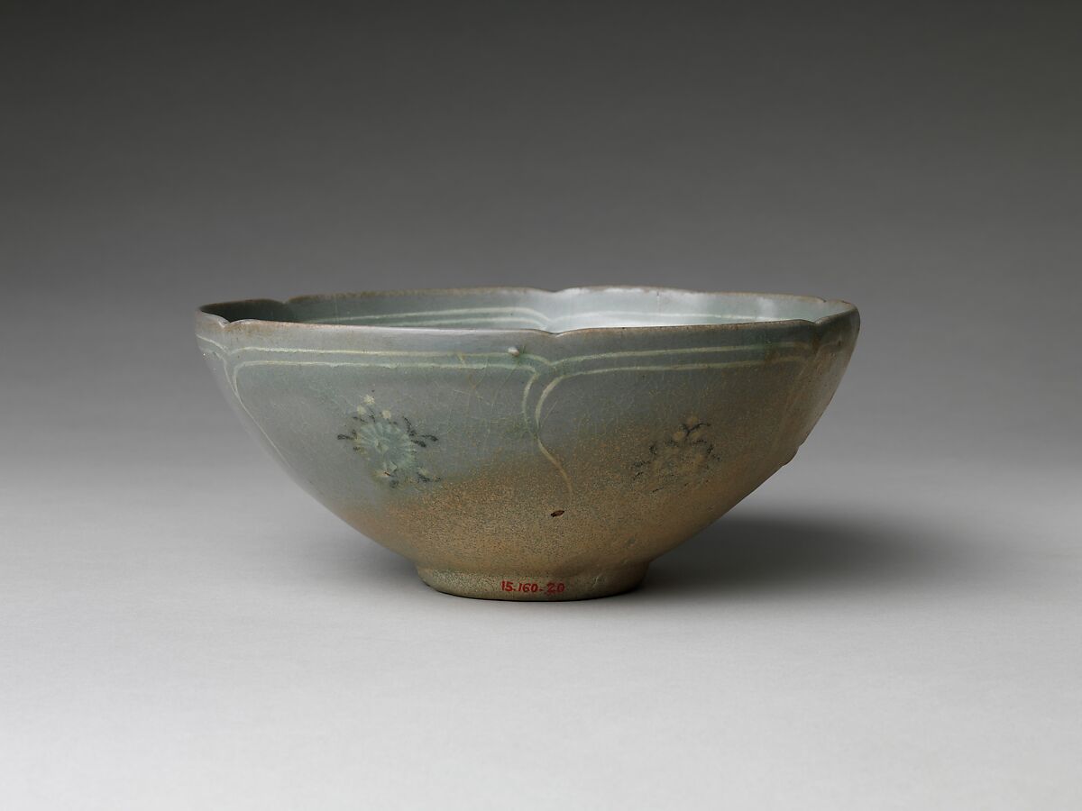 Bowl with Foliate Rim, Stoneware with inlaid design of chrysanthemums and butterflies under celadon glaze, Korea