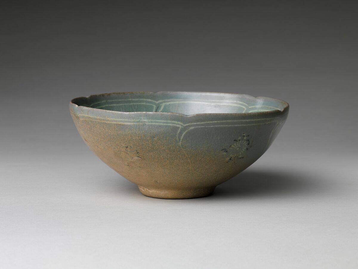 Bowl with Foliate Rim, Stoneware with inlaid design of chrysanthemums and butterflies under celadon glaze, Korea