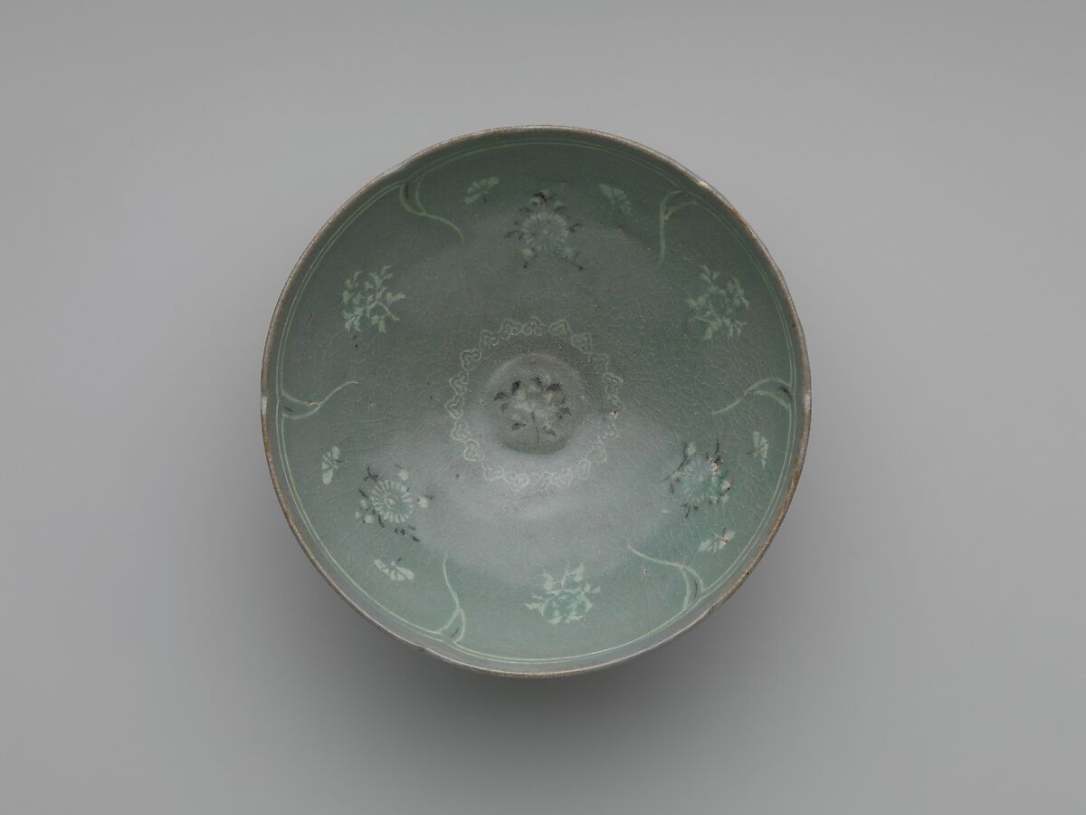 Bowl with Foliate Rim, Stoneware with inlaid design of chrysanthemums and butterflies under celadon glaze, Korea