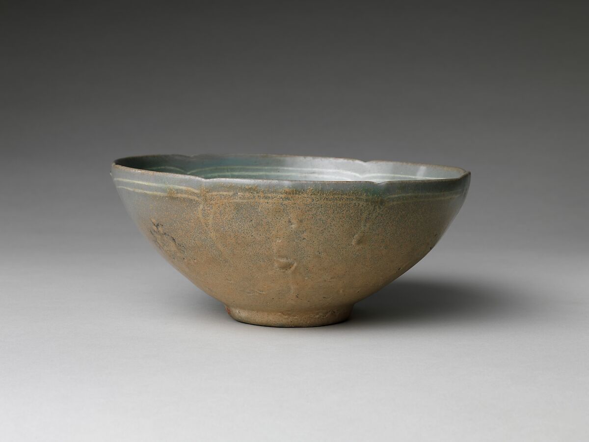 Bowl with Foliate Rim, Stoneware with inlaid design of chrysanthemums and butterflies under celadon glaze, Korea