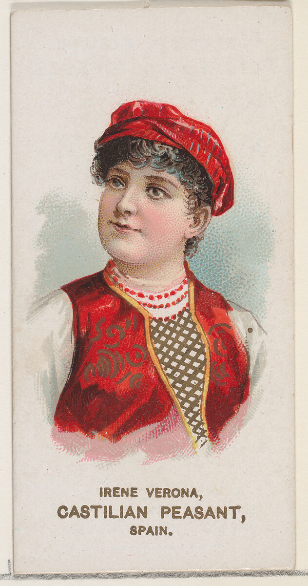 Irene Verona Dressed as Castilian Peasant, Spain, from the set Actors and Actresses, Second Series (N71) for Duke brand cigarettes, Issued by W. Duke, Sons &amp; Co. (New York and Durham, N.C.), Commercial color lithograph 