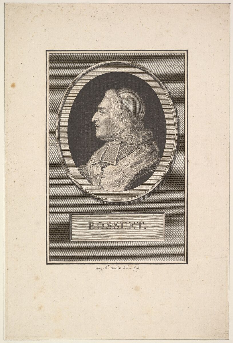 Portrait of Bossuet, Augustin de Saint-Aubin (French, Paris 1736–1807 Paris), Etching and engraving; fourth state of four (Bocher) 