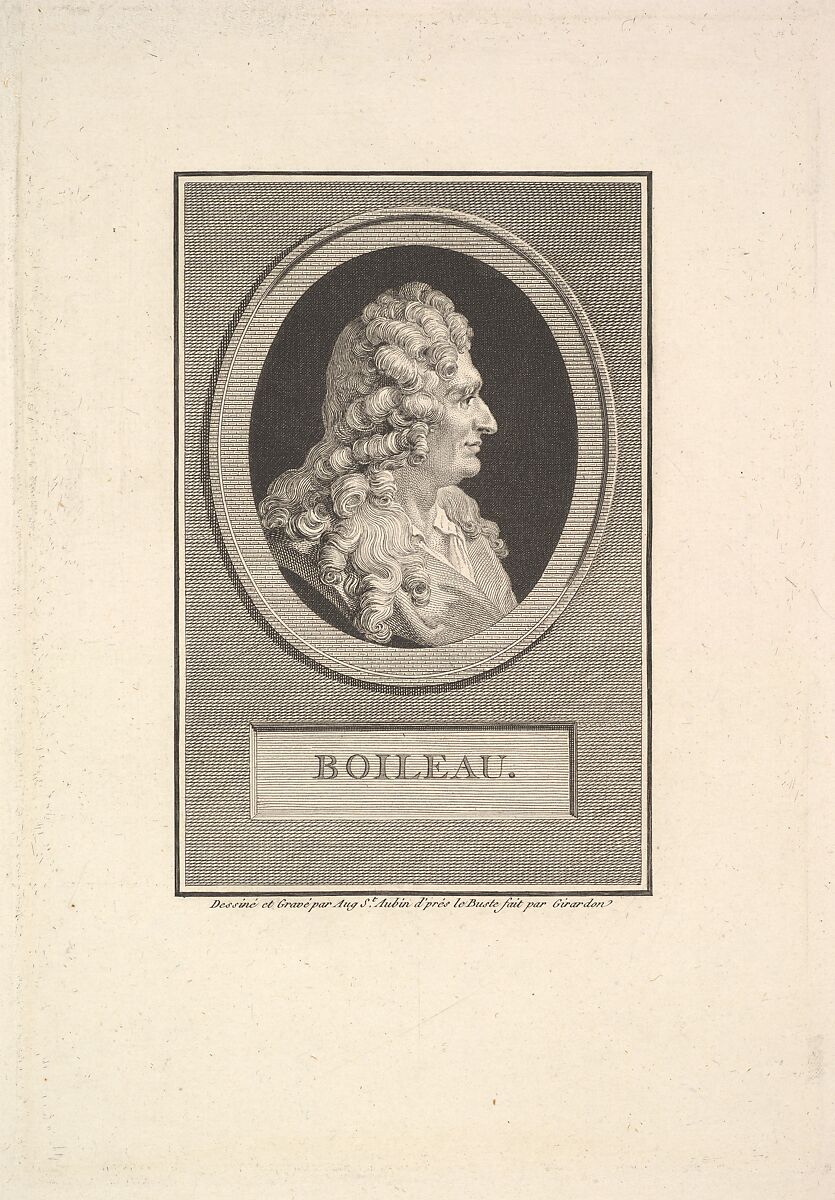 Portrait of Despréaux Nicolas Boileau, Augustin de Saint-Aubin (French, Paris 1736–1807 Paris), Etching and engraving; third state of three (Bocher) 