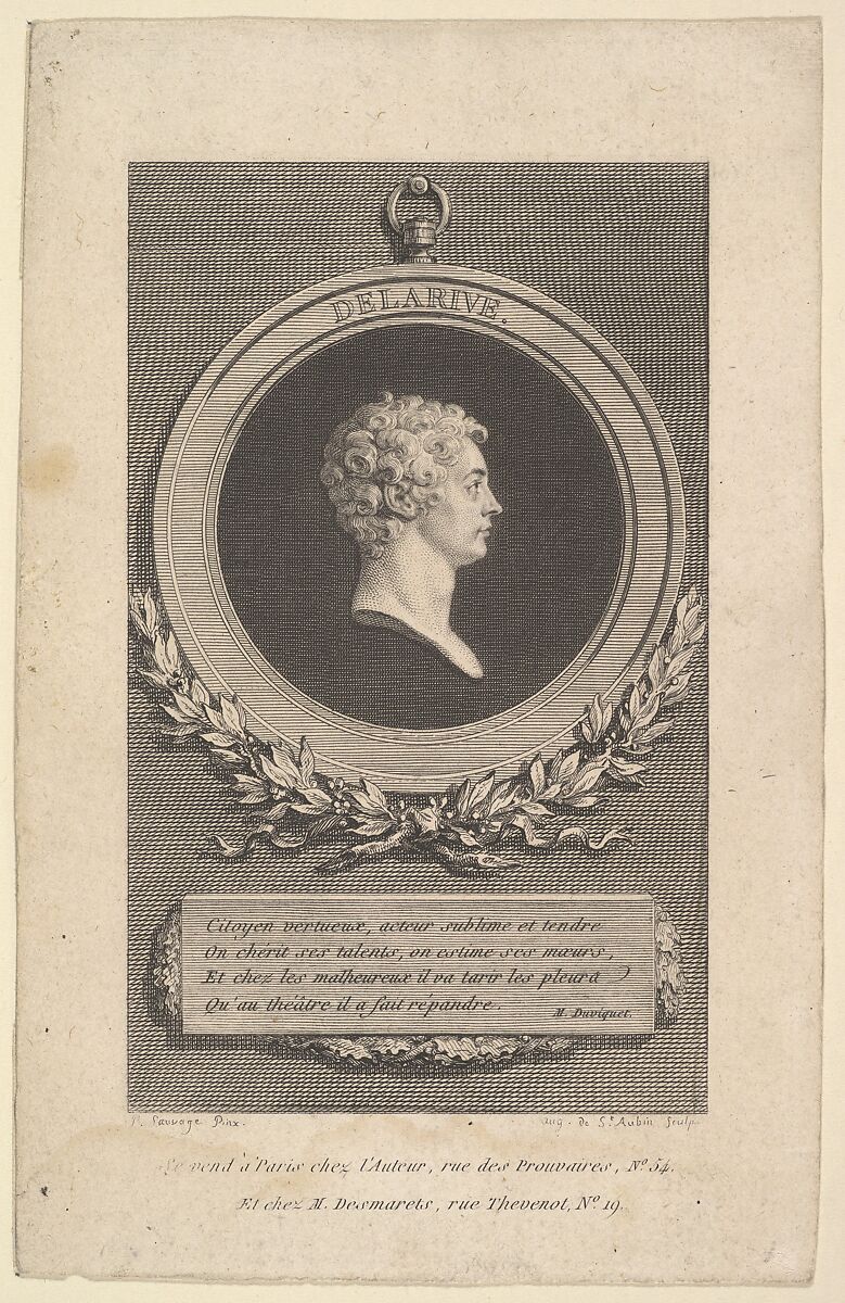 Portrait of De Larive, Augustin de Saint-Aubin (French, Paris 1736–1807 Paris), Etching and engraving; sixth state of seven (Bocher) 