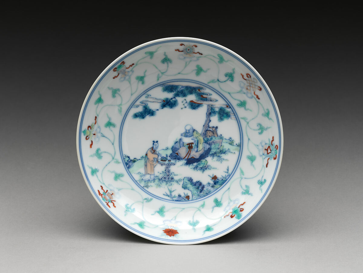 Dish with God of Longevity (Shoulao) and an attendant, Porcelain painted in underglaze cobalt blue and overglaze polychrome enamels (Jingdezhen ware), China 