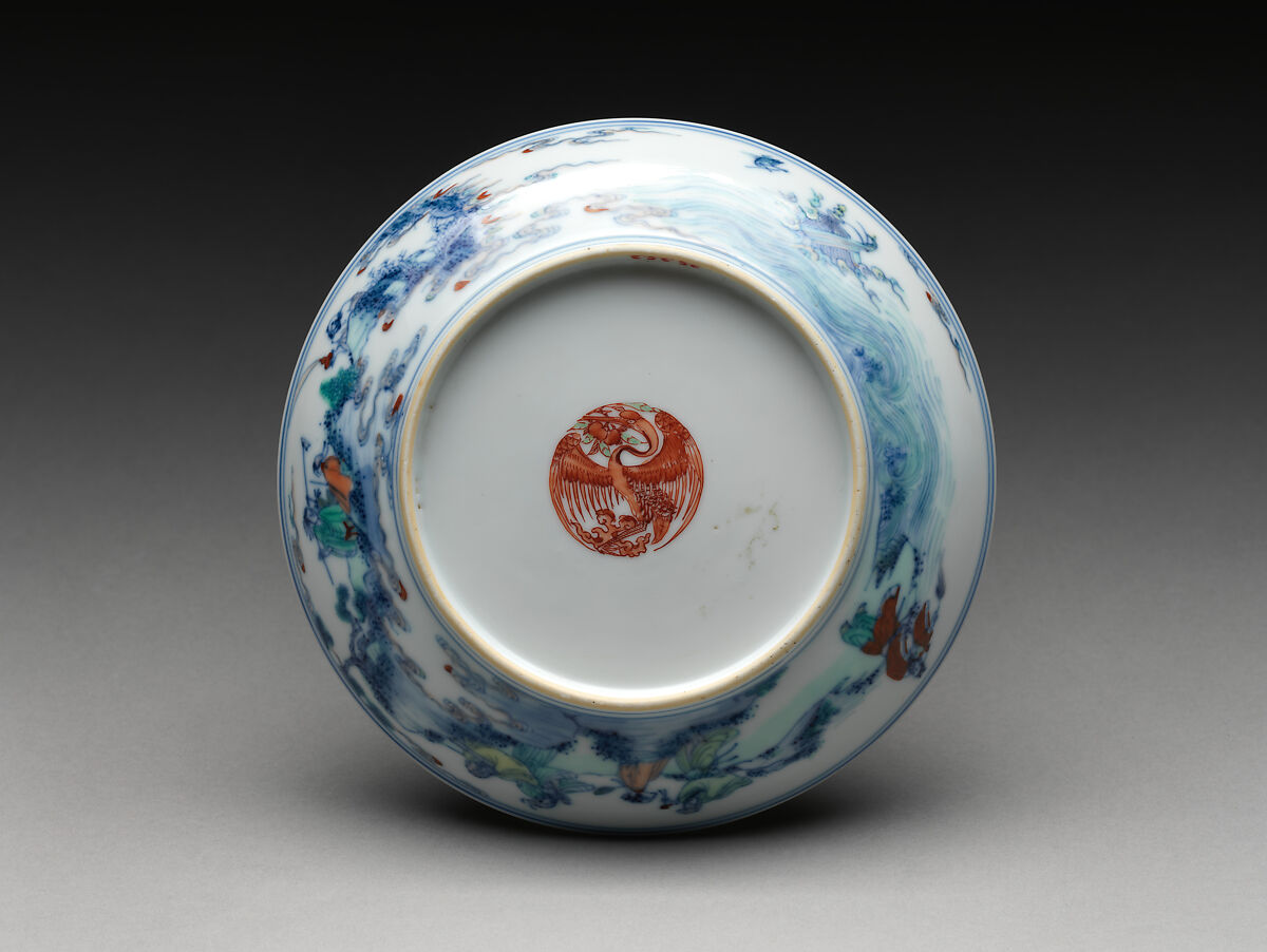 Dish with God of Longevity (Shoulao) and an attendant, Porcelain painted in underglaze cobalt blue and overglaze polychrome enamels (Jingdezhen ware), China